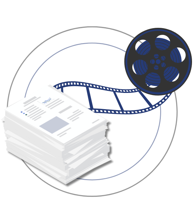 Microfilmagem de documentos – pilha de papéis sendo convertidos em filme de rolo para preservação segura e de longa duração.