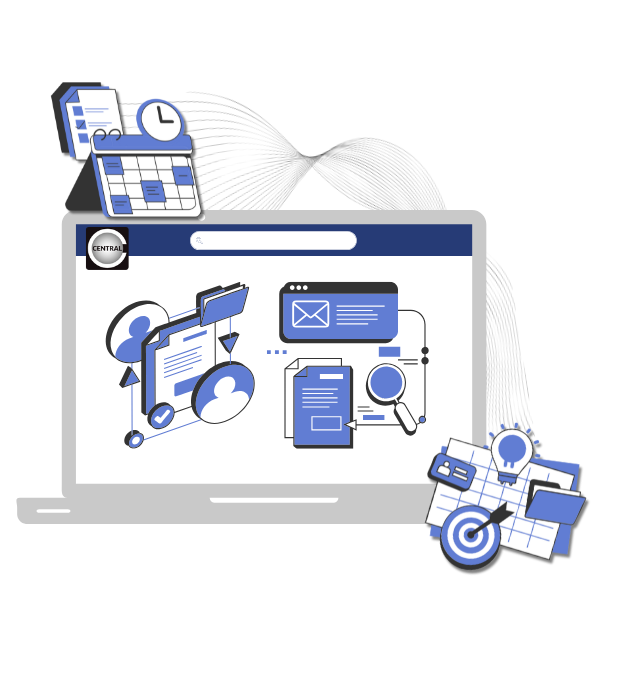 Fluxo de processos digitais representando BPM e Workflow com ícones de documentos, comunicação e gestão de tarefas em um notebook.
